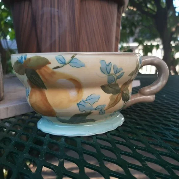 Tracy Porter Hand Painted 10oz Coffee Mug Tea Cup Yellow Blue Flowers Pear